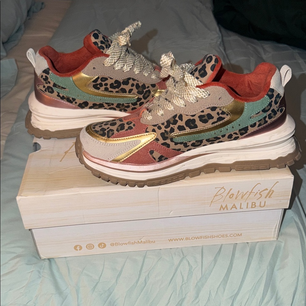 Blowfish Leopard Accent Platform Sneakers in Rust, Teal & Metallic